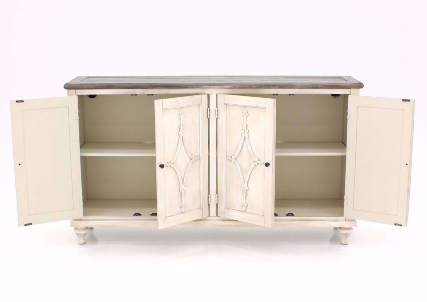 St. Claire TV Stand in Antique White, Front Facing, Open