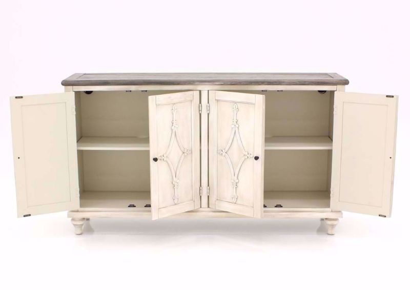 St. Claire TV Stand in Antique White, Front Facing, Open