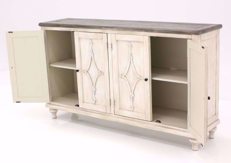 St. Claire TV Stand in Antique White, Front Facing, Center Cabinet Closed