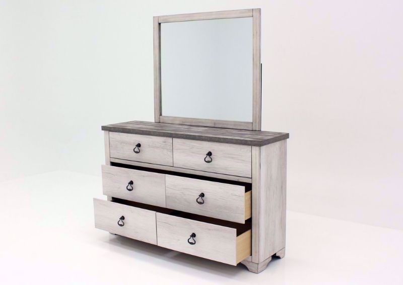 Driftwood Gray Patterson Dresser and Mirror at an Angle With the Drawers Open | Home Furniture Plus Mattress