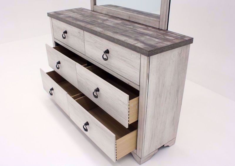 Driftwood Gray Patterson Dresser and Mirror Showing the Drawers Open | Home Furniture Plus Mattress