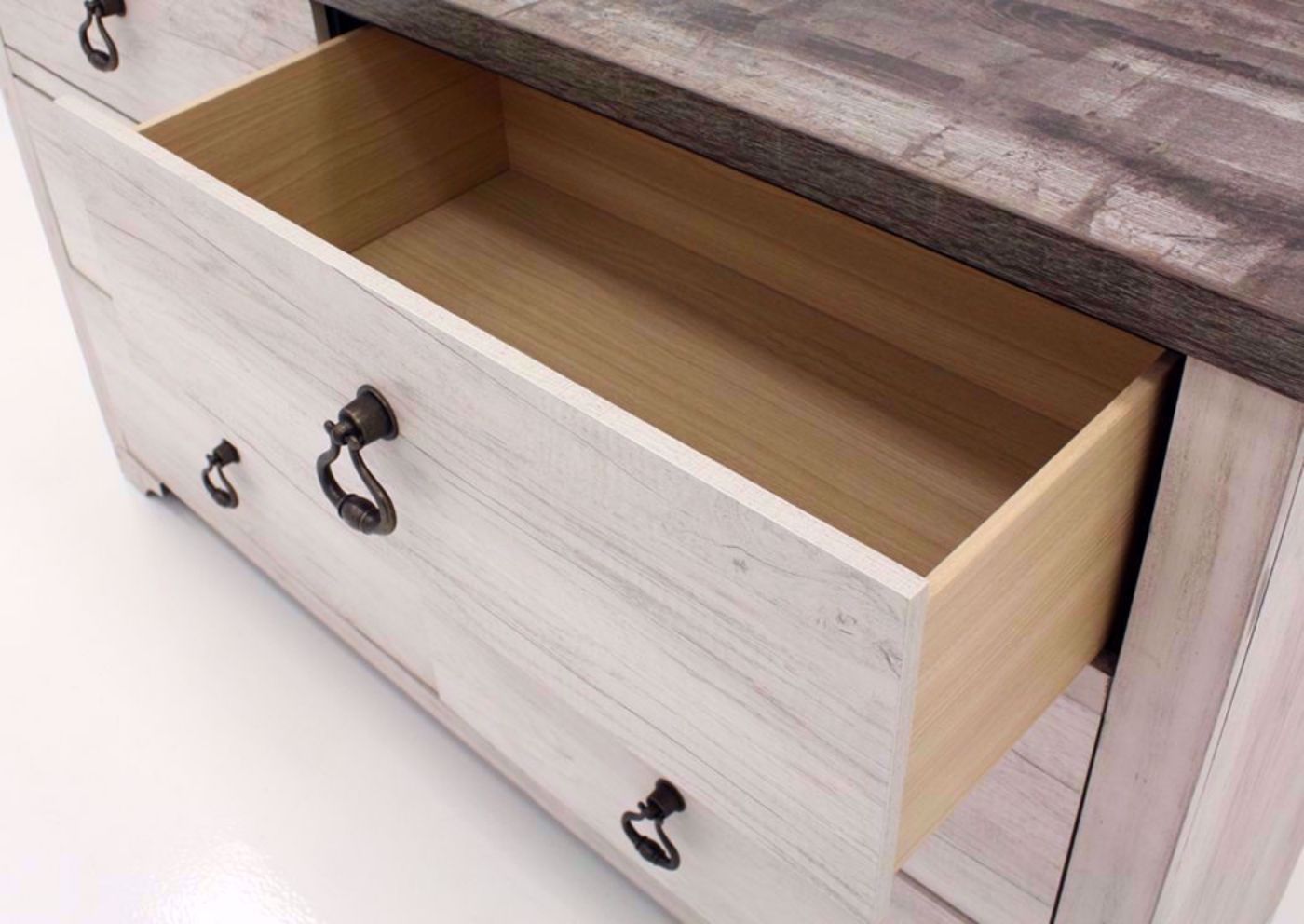 Driftwood Gray Patterson Dresser and Mirror Showing theDrawer Interior | Home Furniture Plus Mattress