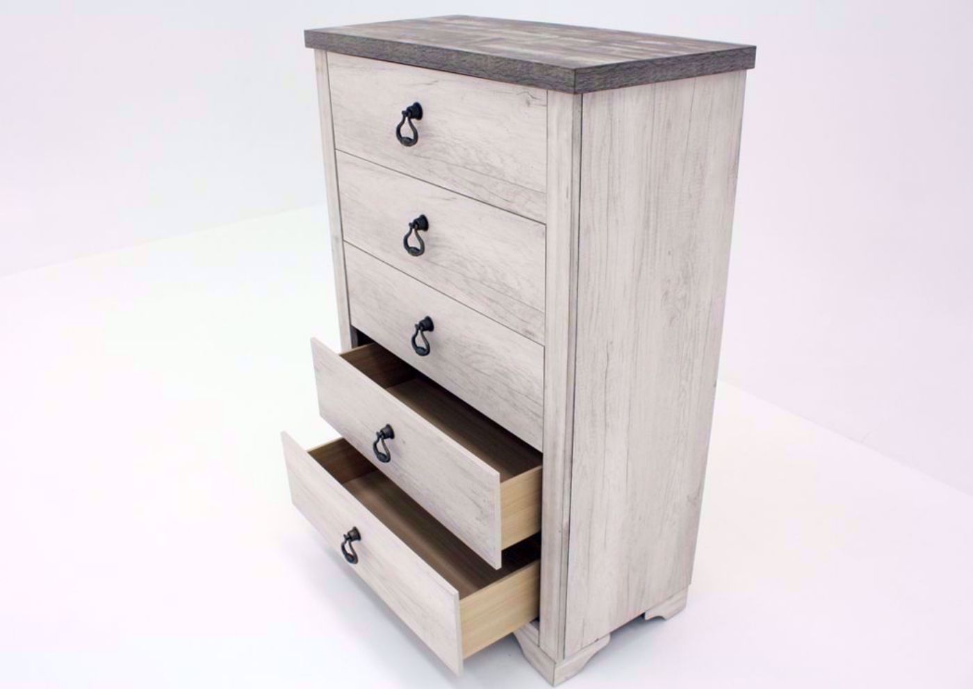 Driftwood Gray Patterson Chest of Drawers at an Angle With the Drawers Open | Home Furniture Plus Mattress