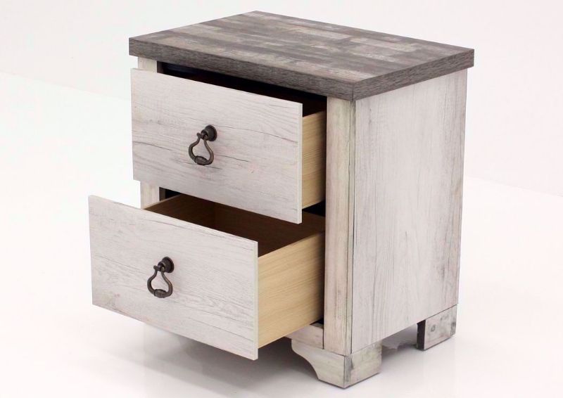 Driftwood Gray Patterson Nightstand at an Angle With the Drawers Open | Home Furniture Plus Mattress