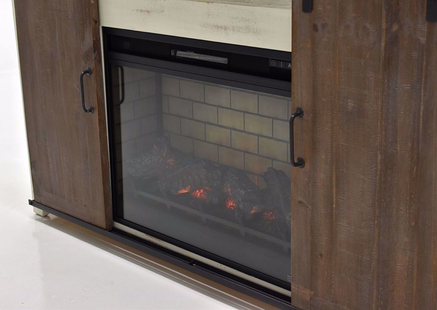 Close Up View of the Fireplace Insert and Doors on the Maverick TV Stand with Fireplace - Ash and White Finish | Home Furniture Plus Bedding