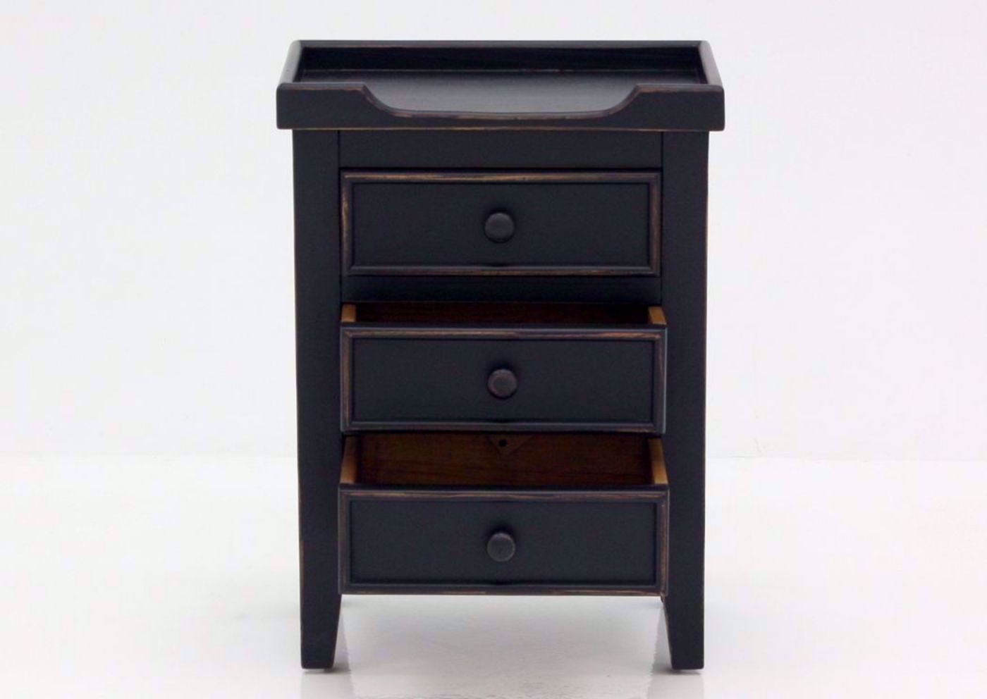 Black Chatham 3 Drawer End Table, Front Facing With the Drawers Open | Home Furniture Plus Bedding