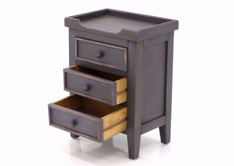 Gray Chatham 3 Drawer End Table at an Angle with the Drawers Open | Home Furniture Plus Bedding