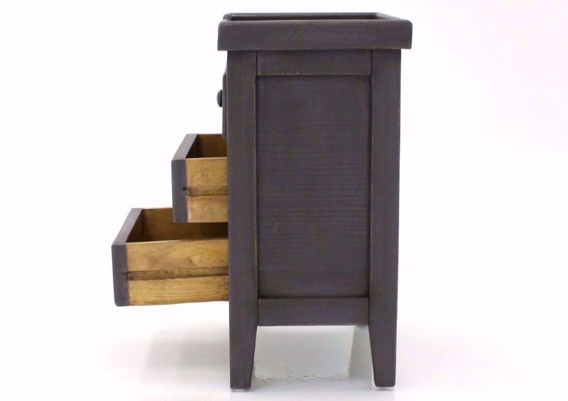 Gray Chatham 3 Drawer End Table Showing the Side View With the Drawers Open | Home Furniture Plus Bedding