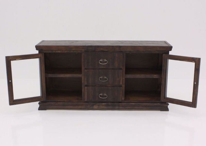 Brown Grand Rustic TV Stand 64 Inch Facing Front with the Doors Open | Home Furniture Plus Mattress