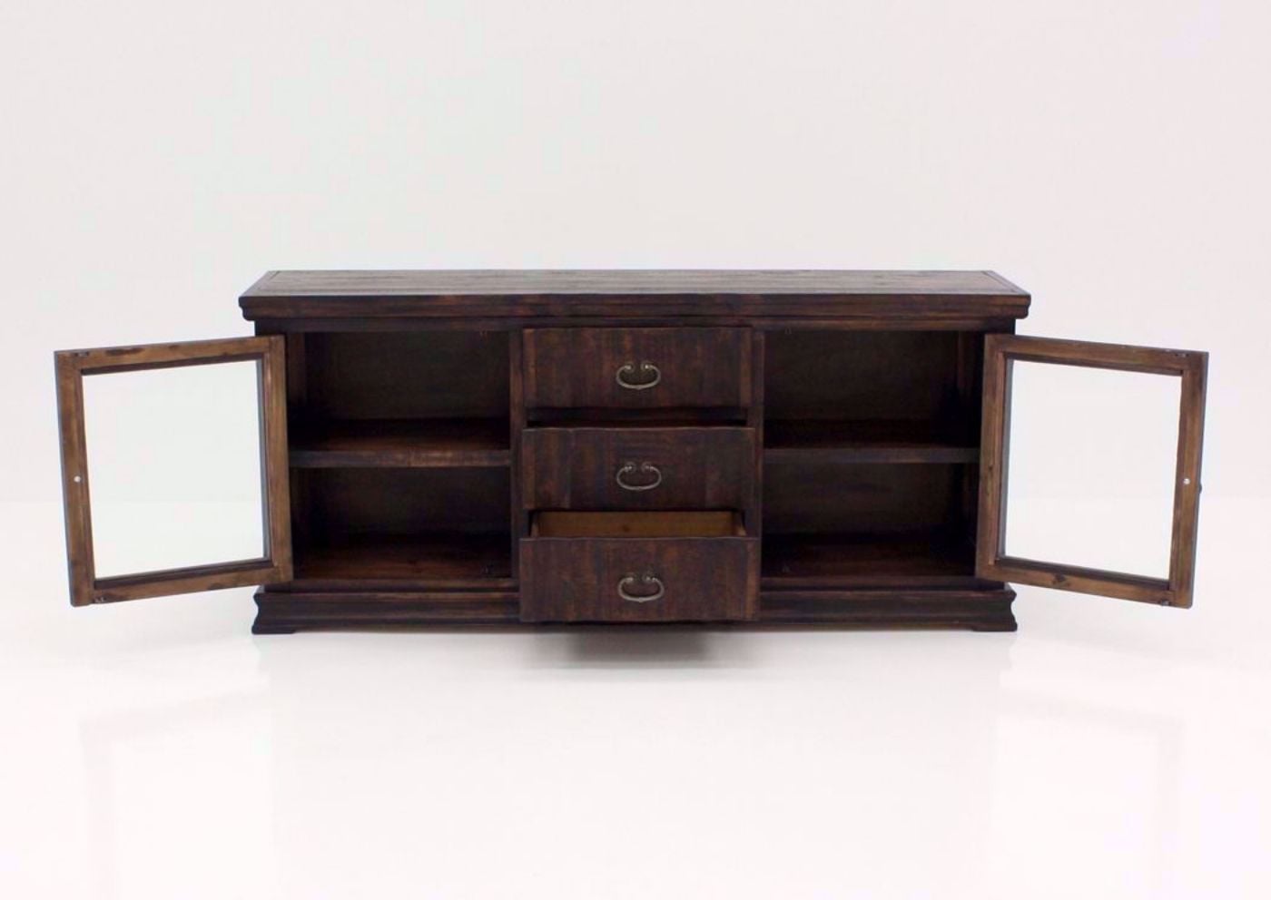 Brown Grand Rustic TV Stand 72 Inch Facing Front with the Doors and Drawers Open | Home Furniture Plus Mattress