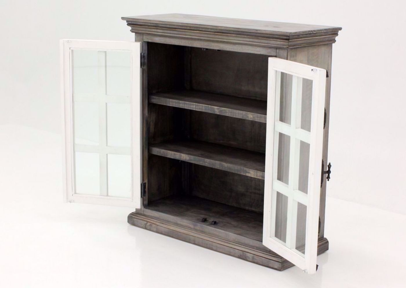 Florence 2 Door Curio Cabinet, Gray, Angle, Open | Home Furniture Plus Bedding