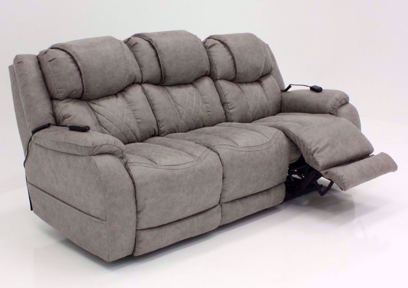 Soft Brown Daytona POWER Reclining Sofa, Soft Brown at an Angle with One Recliner Open | Home Furniture Plus Bedding