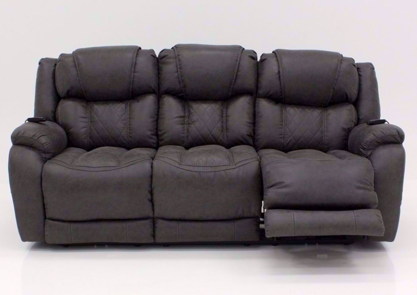 Steel Gray Daytona POWER Reclining Sofa, Front Facing with One Recliner Open | Home Furniture Plus Bedding