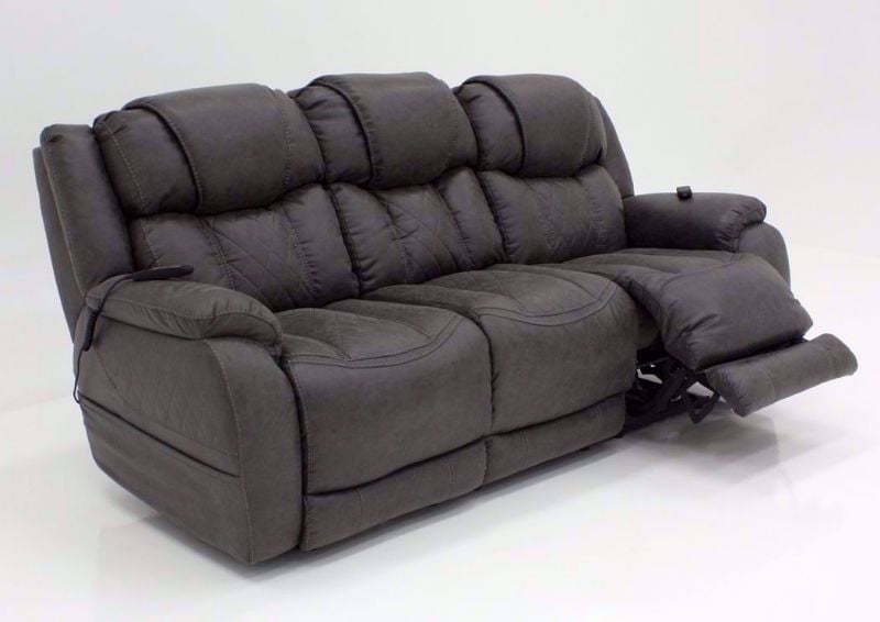 Steel Gray Daytona POWER Reclining Sofa at an Angle with One Recliner Open | Home Furniture Plus Bedding