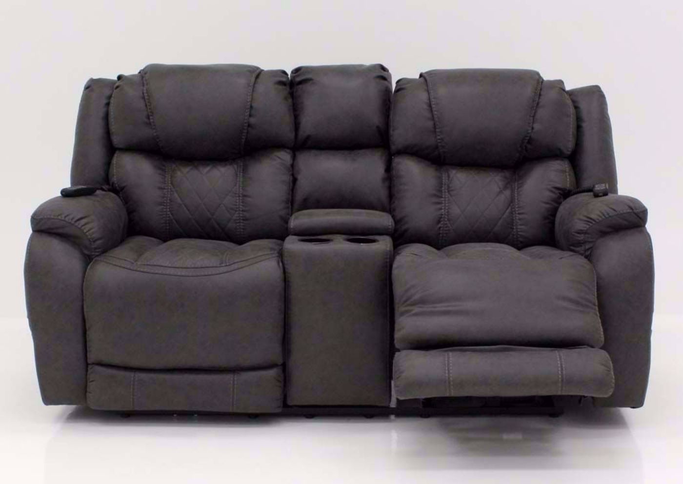 Steel Gray Daytona POWER Reclining Loveseat, Front Facing with One Recliner Open | Home Furniture Plus Bedding