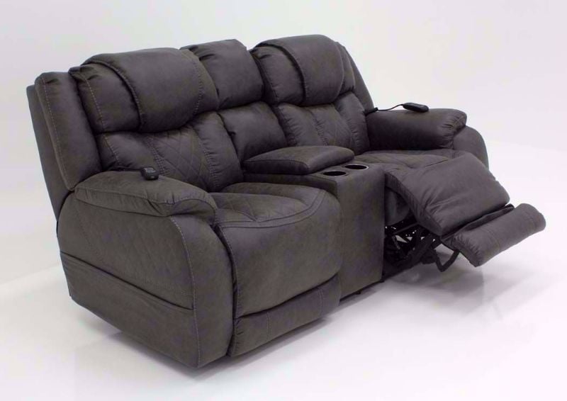 Steel Gray Daytona POWER Reclining Loveseat at an Angle with One Recliner Open | Home Furniture Plus Bedding