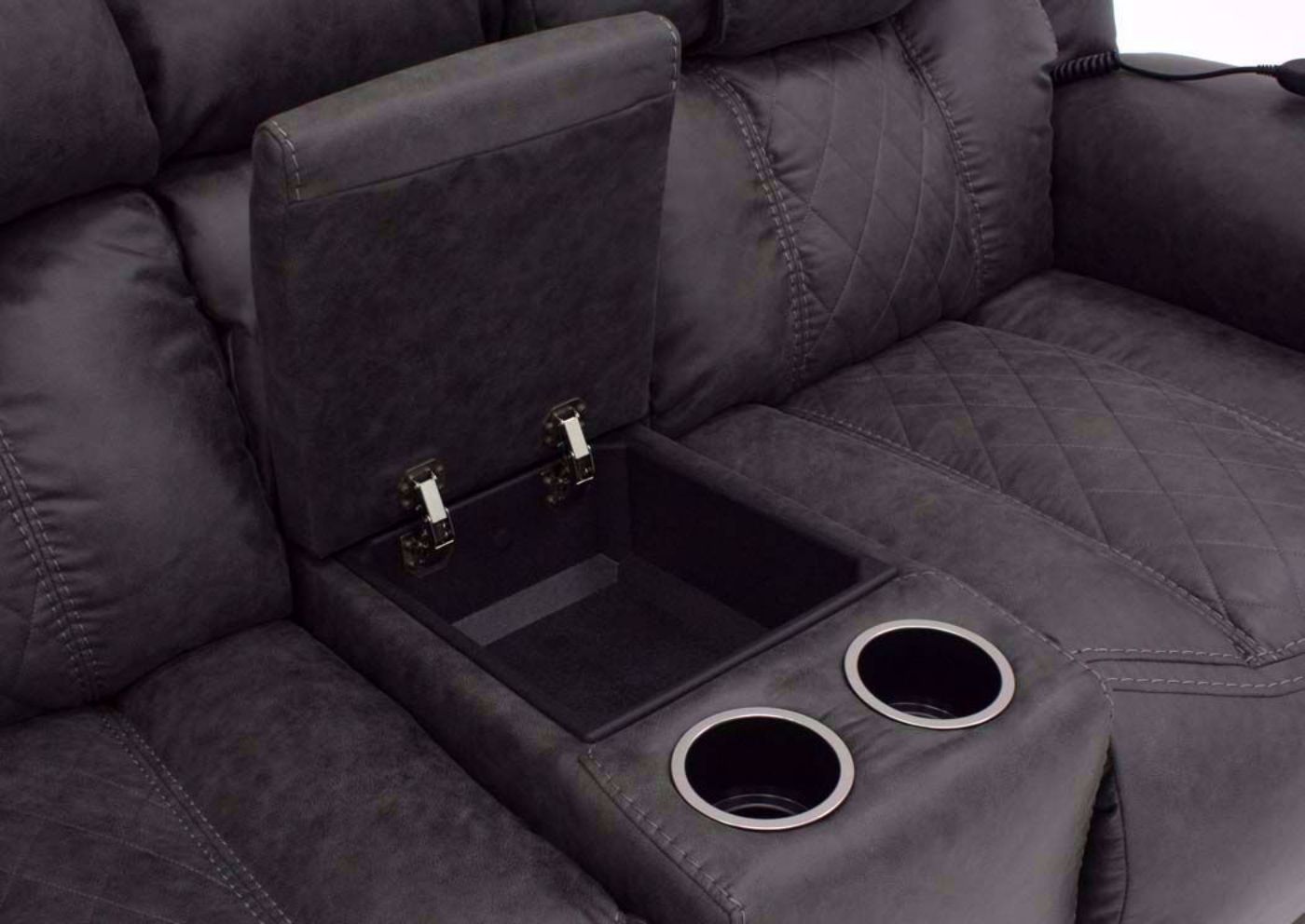 Steel Gray Daytona POWER Reclining Loveseat, Showing the Storage Console Open | Home Furniture Plus Bedding
