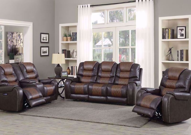 Two-Tone Brown Park Avenue POWER Reclining Sofa Set in a Room Setting | Home Furniture Plus Bedding