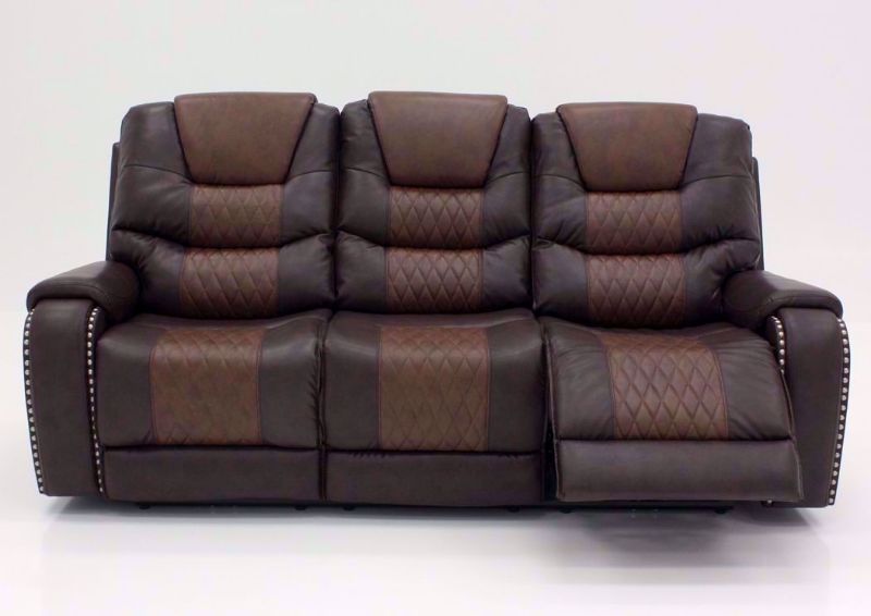 Two-Tone Brown Park Avenue POWER Reclining Sofa, Front Facing with One Recliner Open | Home Furniture Plus Bedding