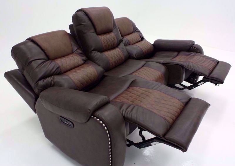 Two-Tone Brown Park Avenue POWER Reclining Sofa at an Angle in the Fully Reclined Position | Home Furniture Plus Bedding