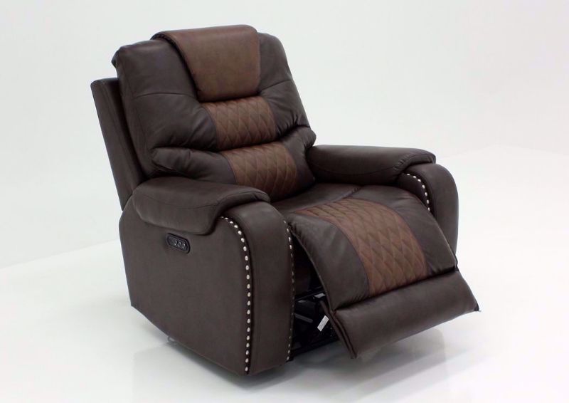 Two-Tone Brown Park Avenue POWER Recliner at an Angle with the Chaise Open | Home Furniture Plus Bedding