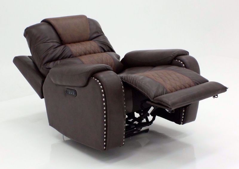 Two-Tone Brown Park Avenue POWER Recliner at an Angle in the Fully Reclined Position | Home Furniture Plus Bedding