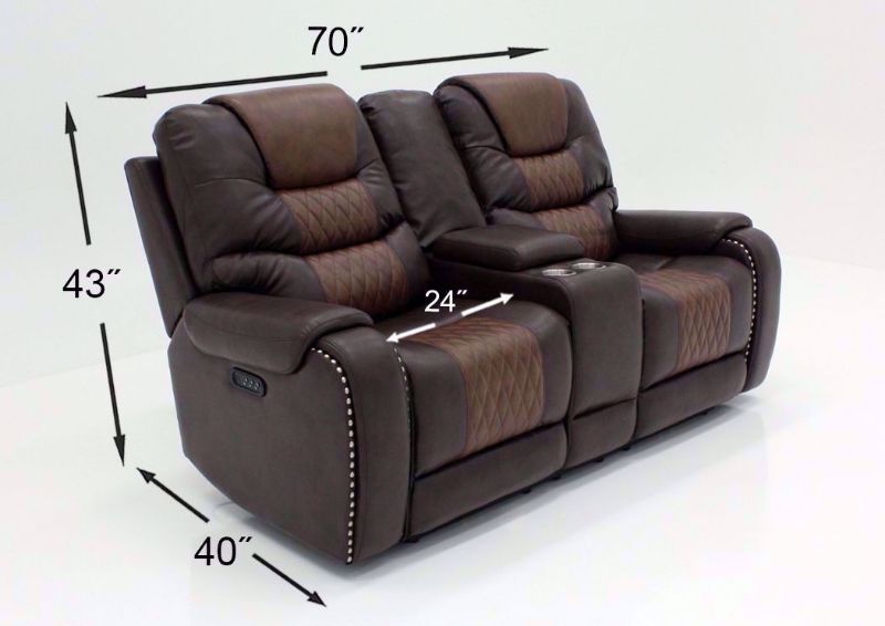 Two-Tone Brown Park Avenue POWER Reclining Sofa Set Showing the Loveseat Dimensions | Home Furniture Plus Bedding