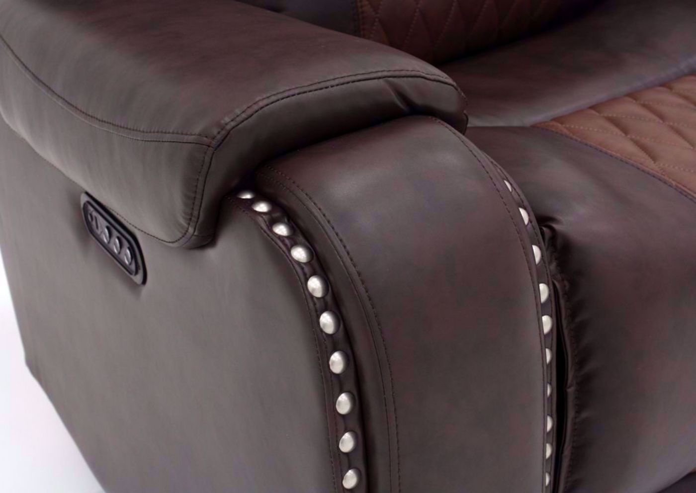 Two-Tone Brown Park Avenue POWER Reclining Sofa Set Showing the Arm and Side Detail | Home Furniture Plus Bedding
