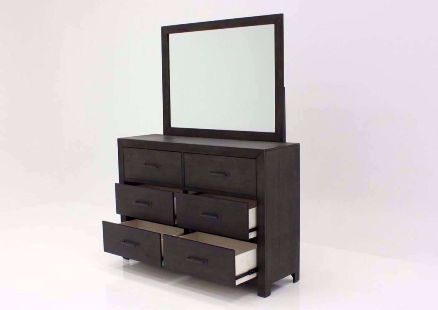 Dark Brown Shelby Dresser with Mirror at an Angle With the Drawers Open | Home Furniture Plus Bedding