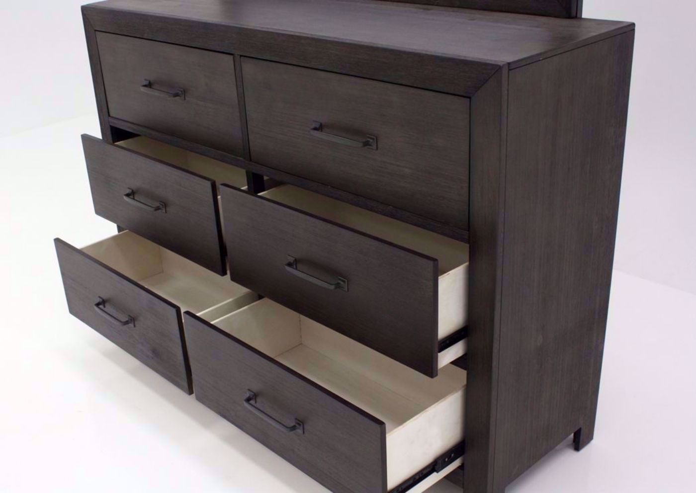 Dark Brown Shelby Dresser with Mirror Showing the Drawers Open | Home Furniture Plus Bedding