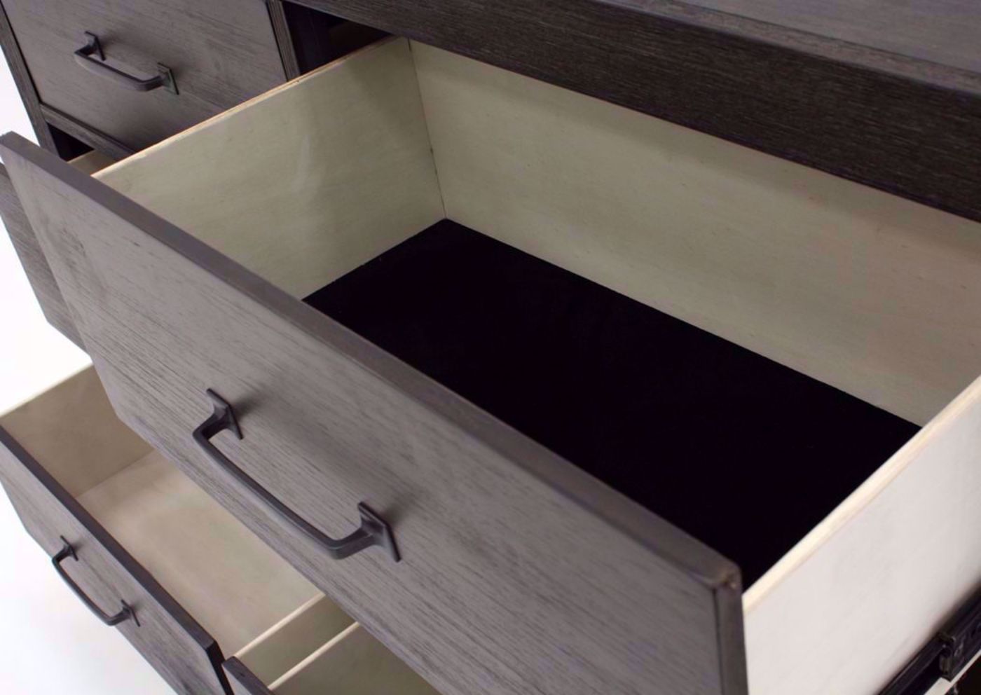 Dark Brown Shelby Dresser with Mirror Showing the Drawer Interior | Home Furniture Plus Bedding