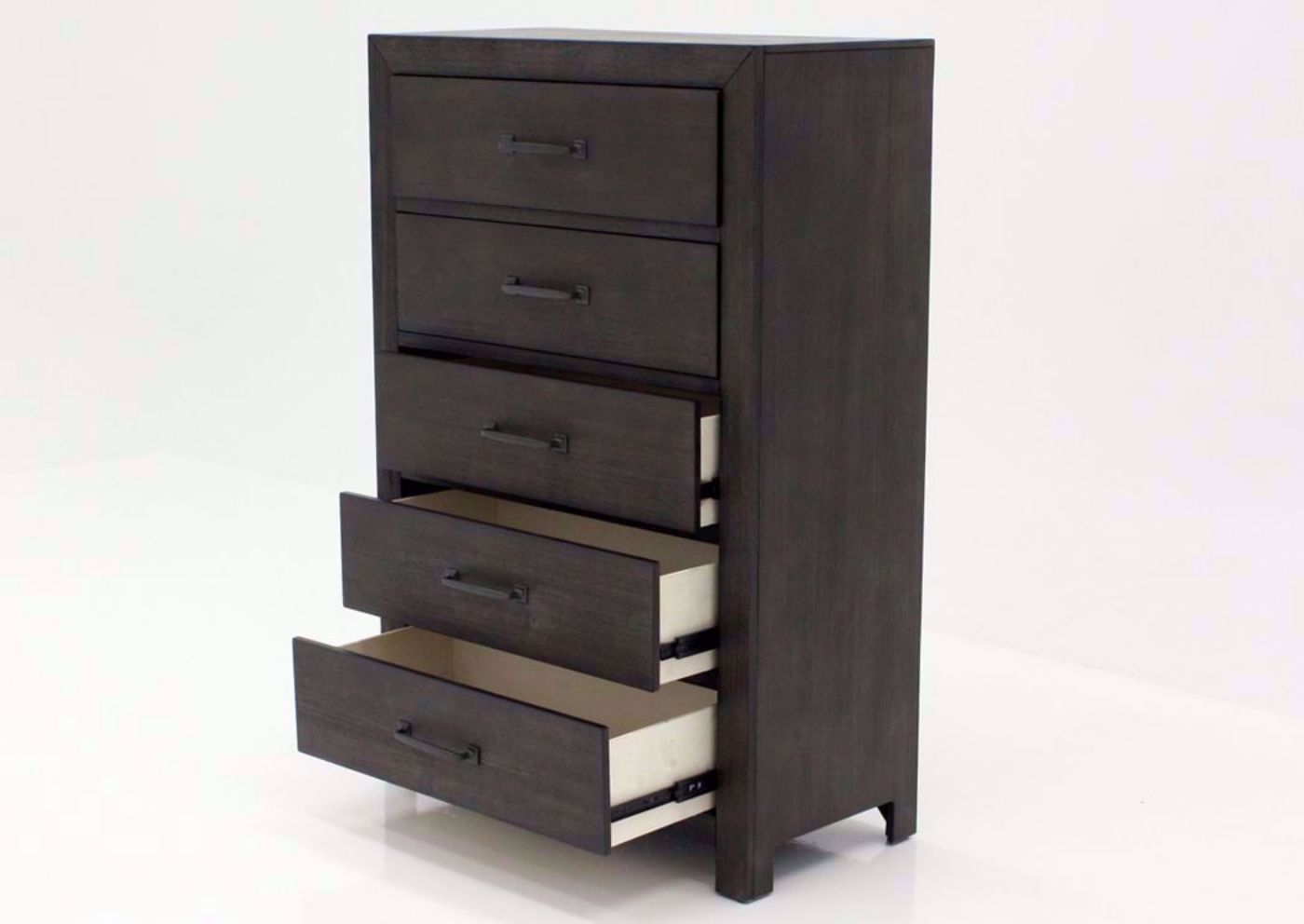 Dark Brown Shelby Chest of Drawers at an Angle With the Drawers Open | Home Furniture Plus Bedding