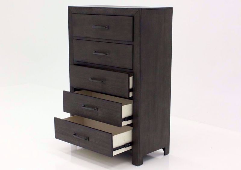 Dark Brown Shelby Chest of Drawers at an Angle With the Drawers Open | Home Furniture Plus Bedding