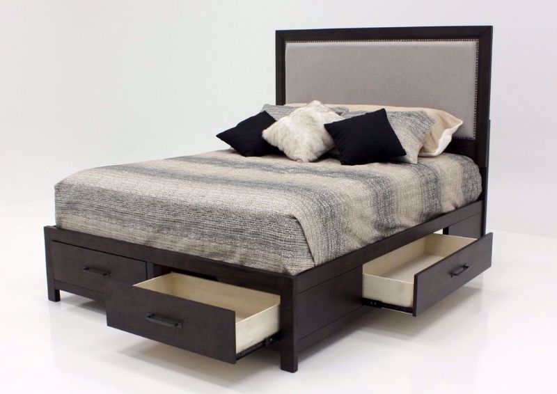 Chocolate Brown Shelby Queen Size Bed at an Angle With the Drawers Open | Home Furniture Plus Bedding