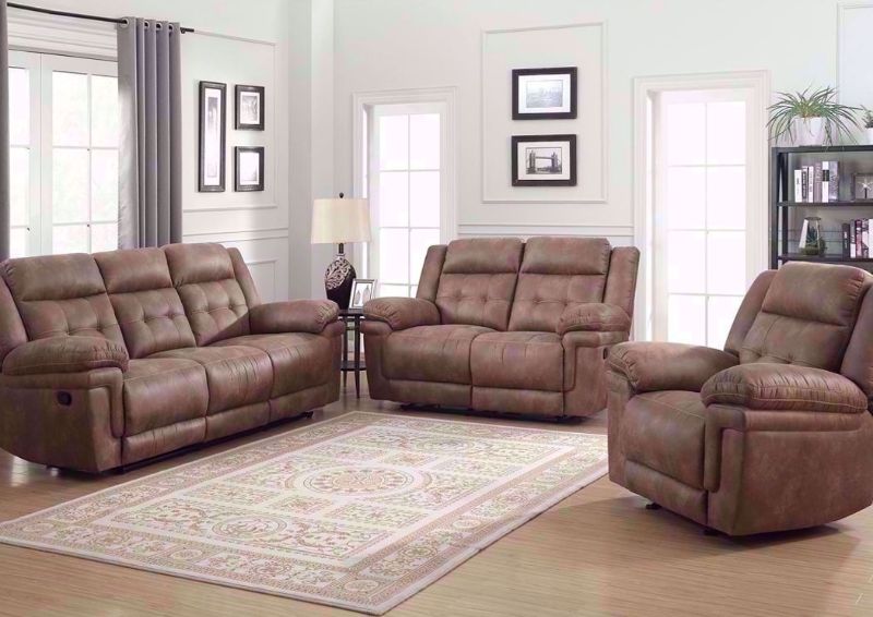 Anastasia Reclining Sofa Set with Light Brown Upholstery in a Room Setting, Includes Sofa and Loveseat and a Recliner | Home Furniture Plus Mattress Store