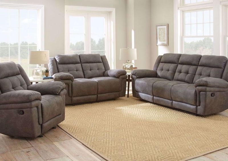 Anastasia Reclining Sofa Set with Gray Upholstery, Includes Sofa and Loveseat with Recliners and Recliner in Living Room Setting | Home Furniture Plus Mattress Store