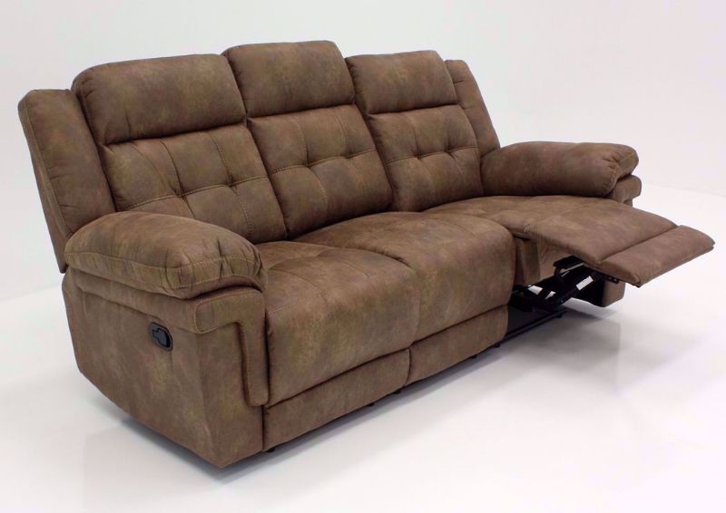 Light Brown Anastasia Reclining Sofa at an Angle with One Recliner Open | Home Furniture Plus Bedding