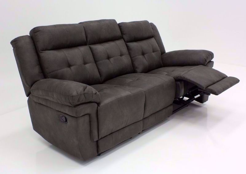 Gray Anastasia Reclining Sofa at an Angle with One Recliner Open | Home Furniture Plus Bedding