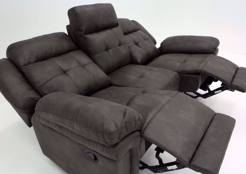 Gray Anastasia Reclining Sofa at an Angle in a Fully Reclined Position, Close Up | Home Furniture Plus Bedding