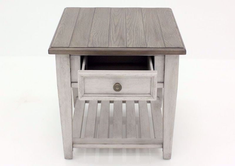 White and Brown Heartland Drawer End Table Facing Front With the Drawer Open | Home Furniture Plus Bedding