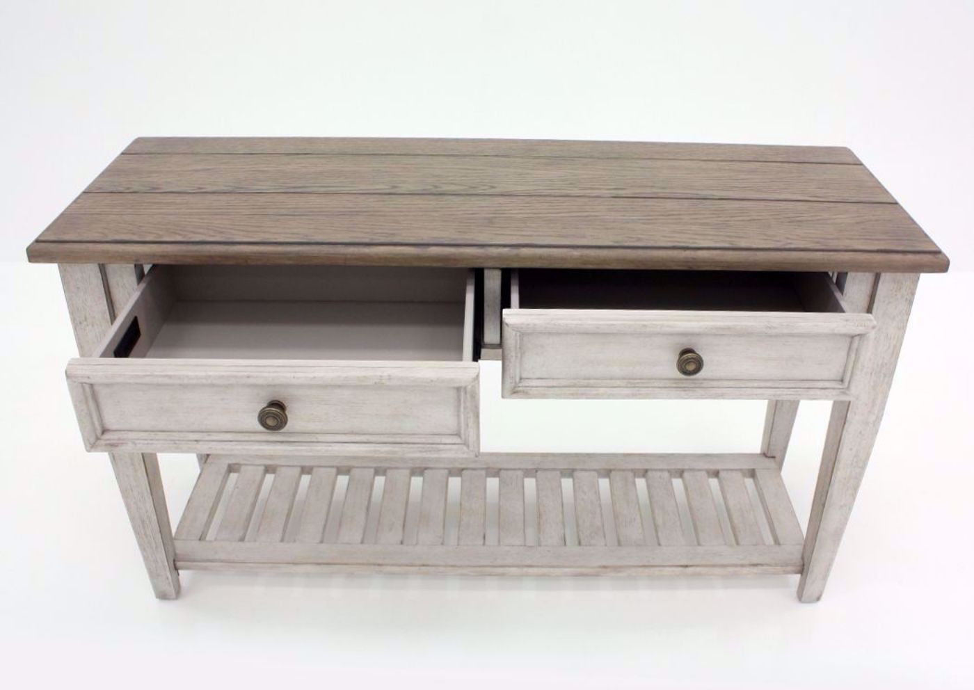 White and Brown Heartland Sofa Table Facing Front With the Drawers Open | Home Furniture Plus Bedding