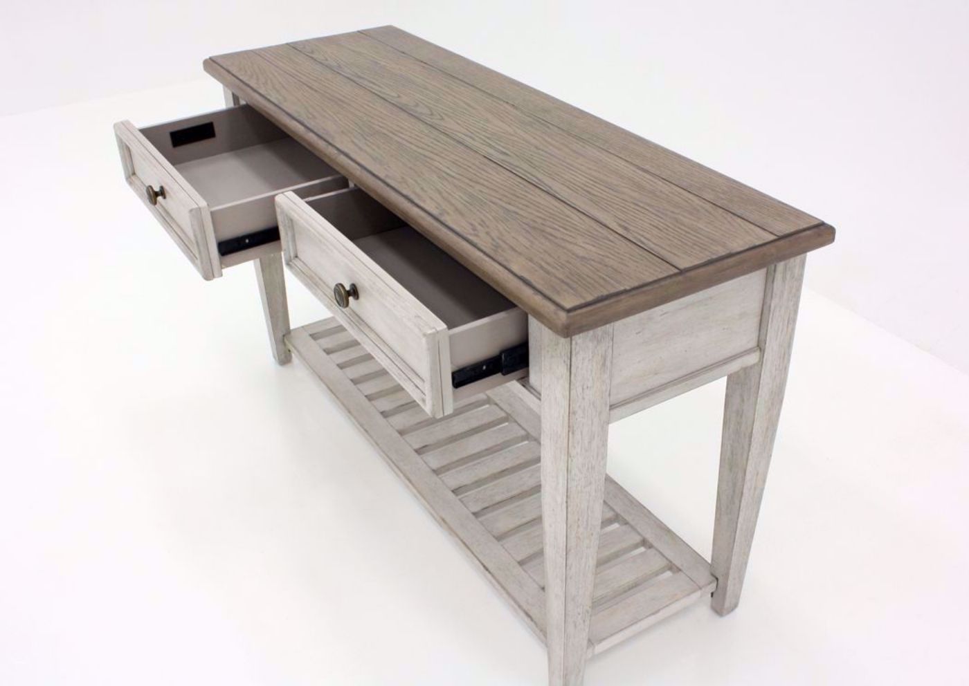 White and Brown Heartland Sofa Table at an Angle With the Drawers Open | Home Furniture Plus Bedding