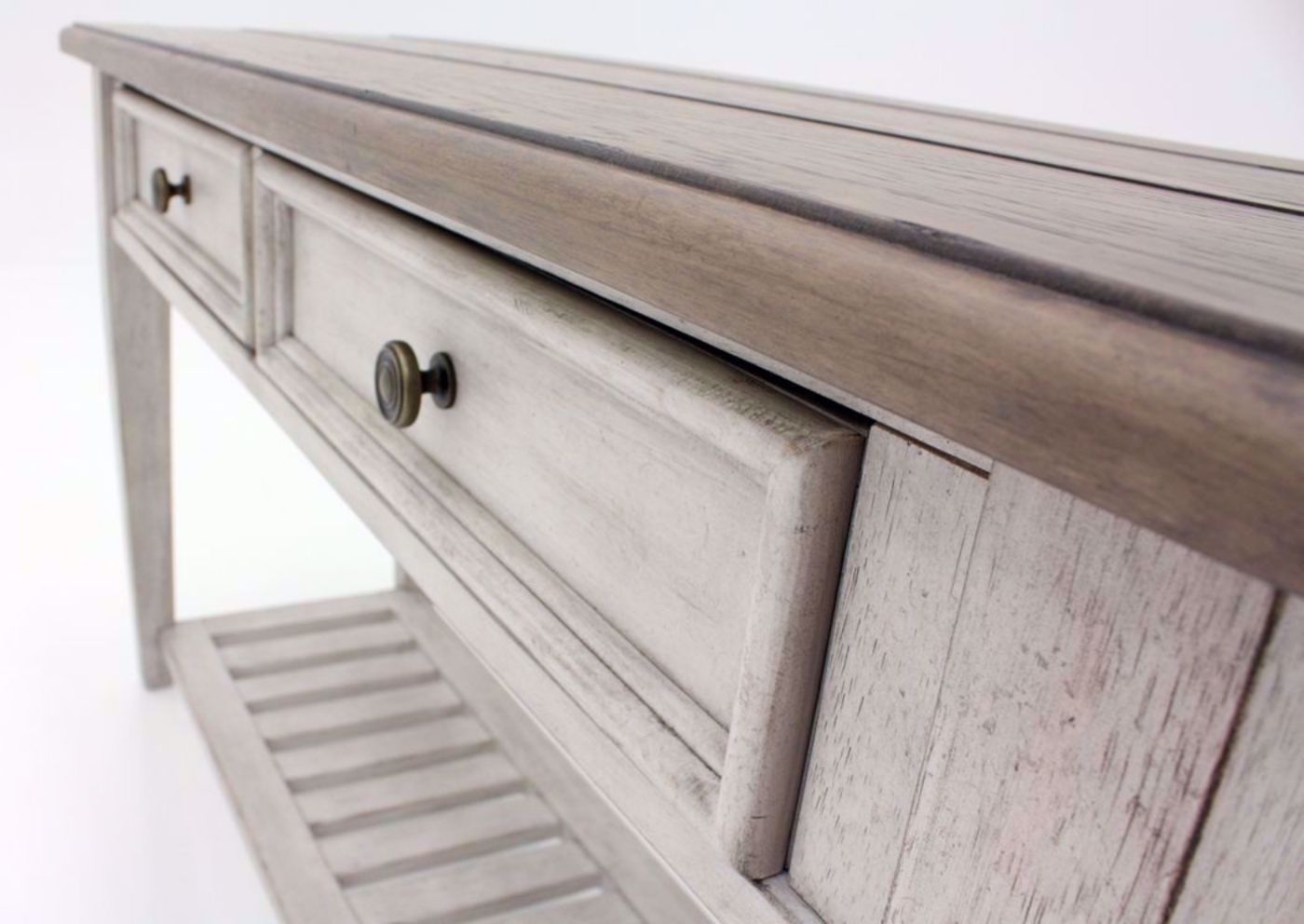 White and Brown Heartland Sofa Table Showing the Drawer Fronts | Home Furniture Plus Bedding