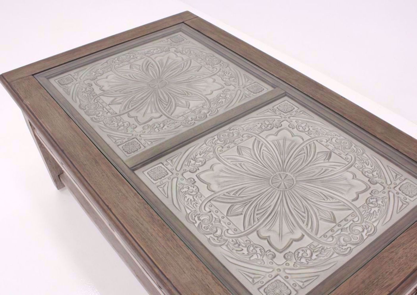 White and Brown Heartland Coffee Table Showing the Decorative Top With Glass Inserts | Home Furniture Plus Bedding
