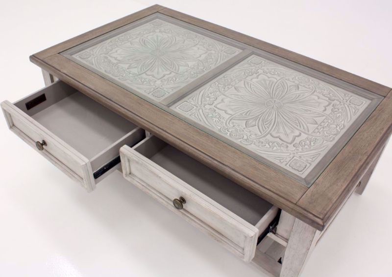 White and Brown Heartland Coffee Table at an Angle With the Drawers Open | Home Furniture Plus Bedding