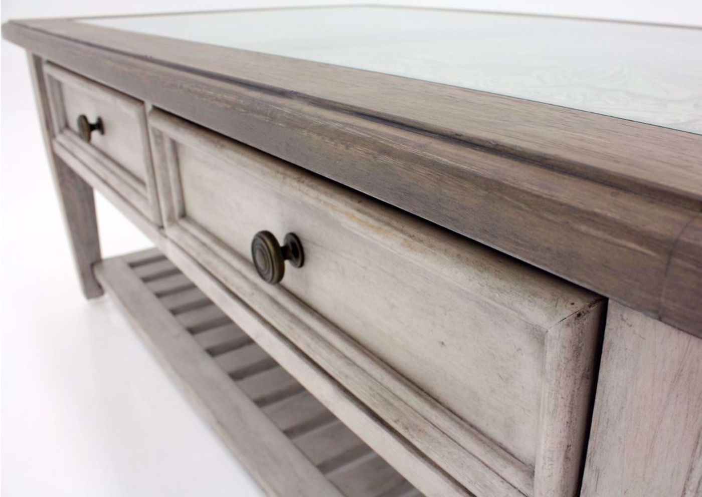 White and Brown Heartland Coffee Table at an Angle Showing the Front of Drawers | Home Furniture Plus Bedding