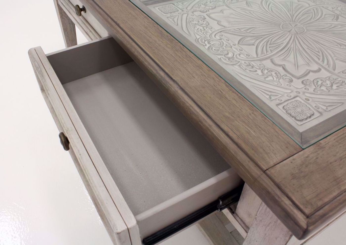 White and Brown Heartland Coffee Table Showing the Drawer Interior | Home Furniture Plus Bedding