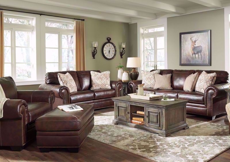 Walnut Brown Roleson Sofa Set by Ashley Furniture in a Room Setting | Home Furniture Plus Bedding