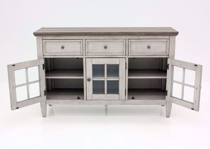 Heartland Buffet Server, White and Brown, Front Facing, Outer Doors Open | Home Furniture Plus Bedding