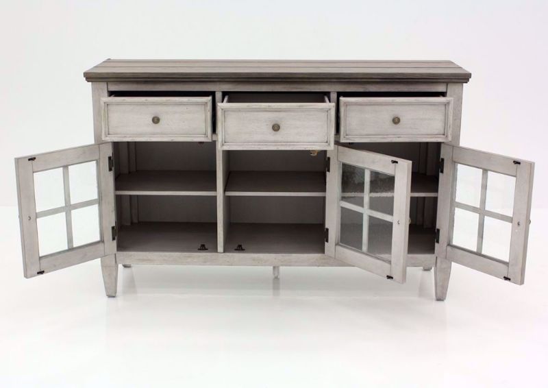 Heartland Buffet Server, White and Brown, Front Facing, Open | Home Furniture Plus Bedding